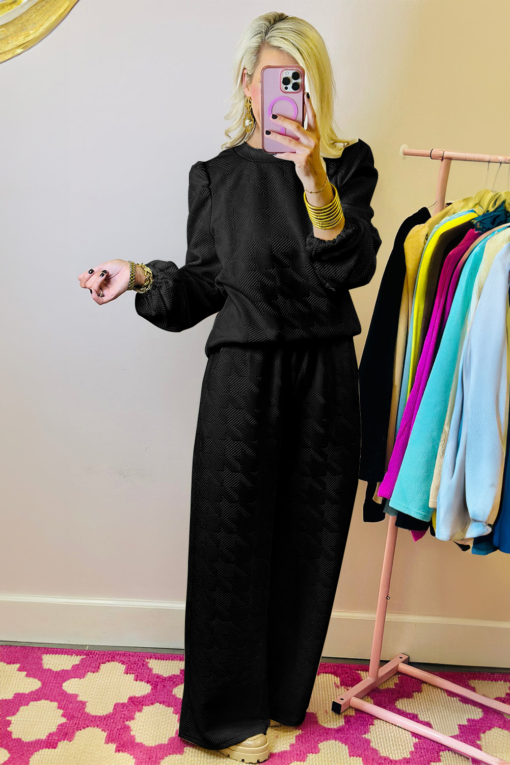 Black Textured Puff Sleeve Top and Pants Set - Image 2