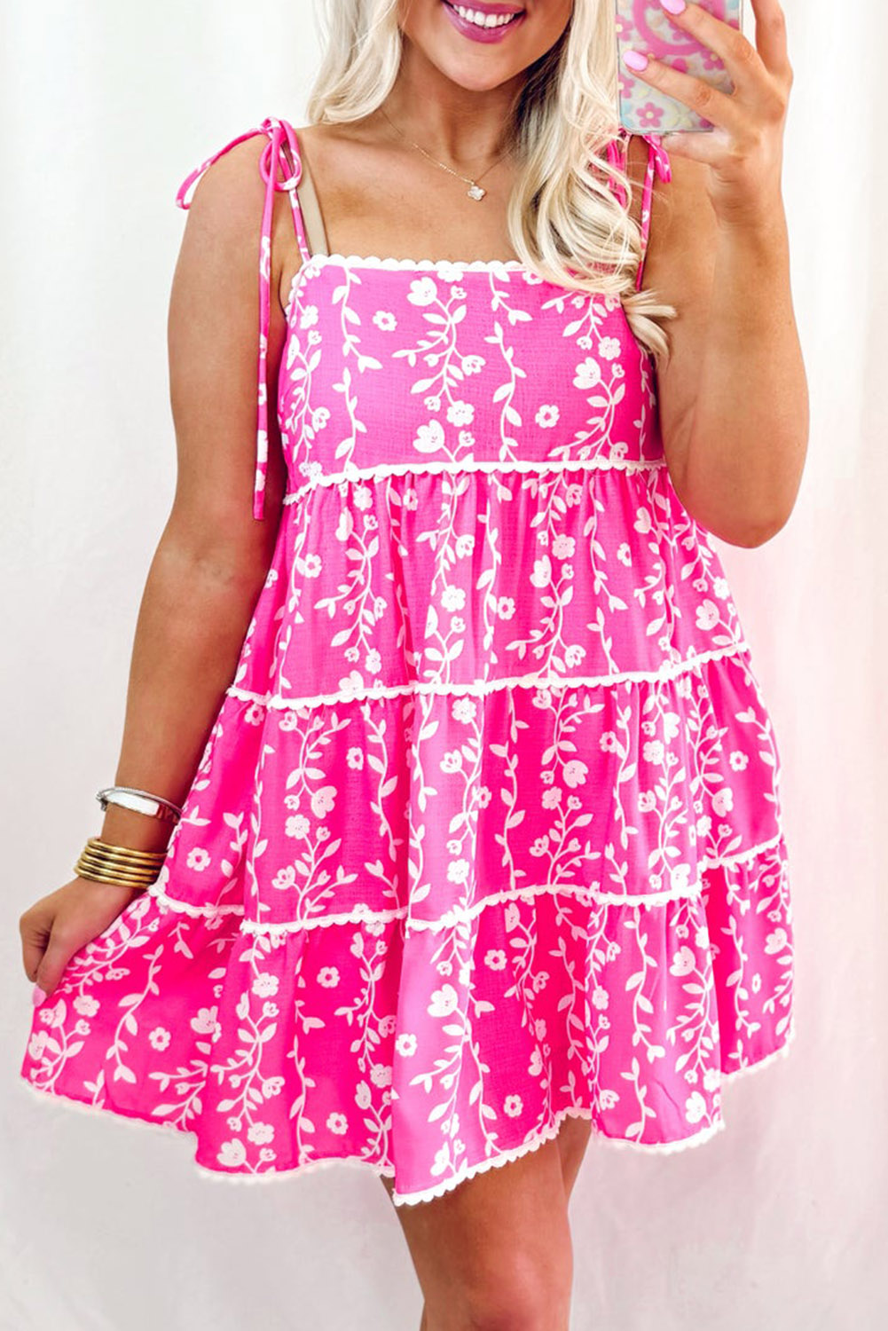 Pink Floral Print Ric Rac Patched Sleeveless Mini Dress - Image 7