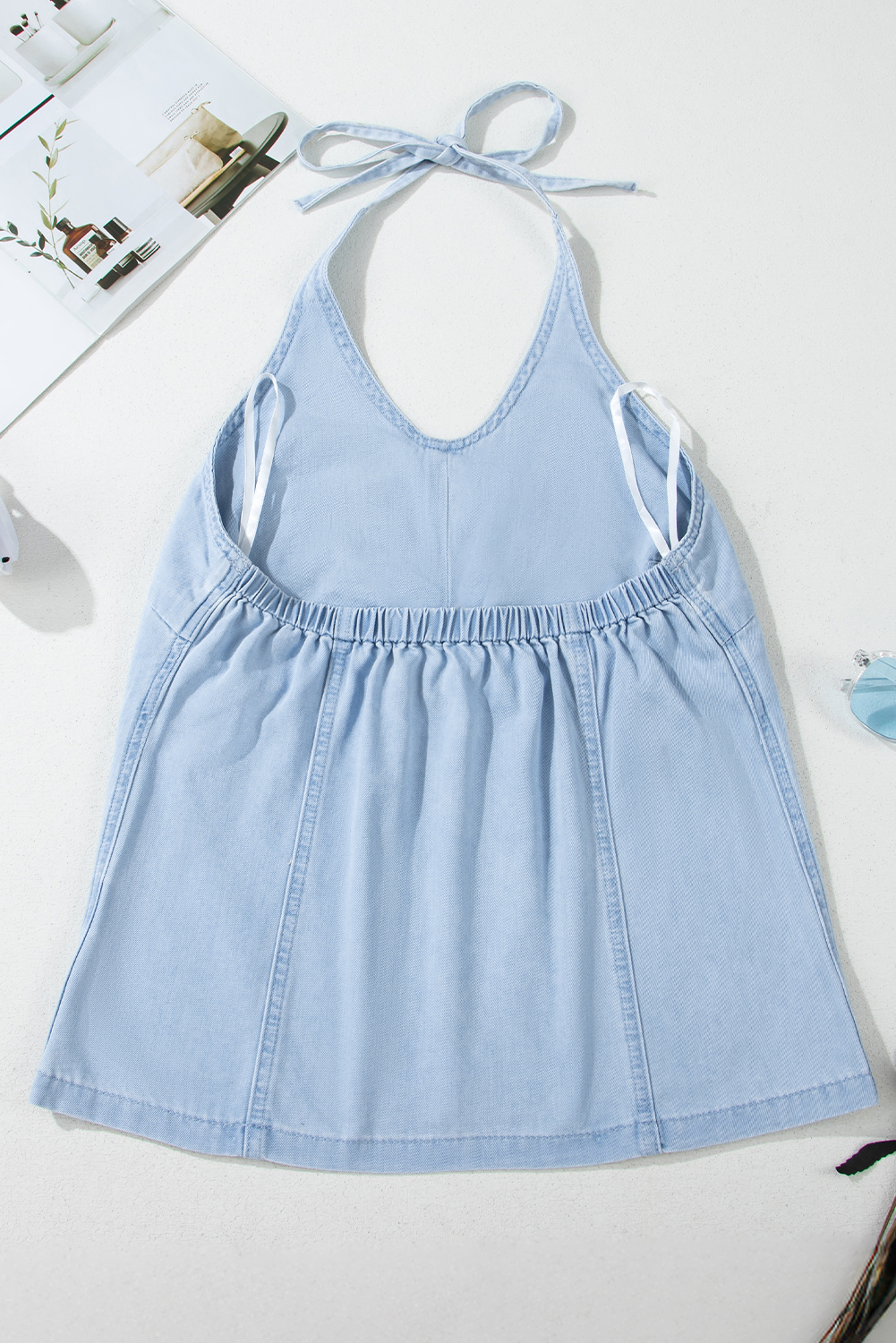 Beau Blue Knotted Open Back Halterneck Denim Tank Top - Image 6