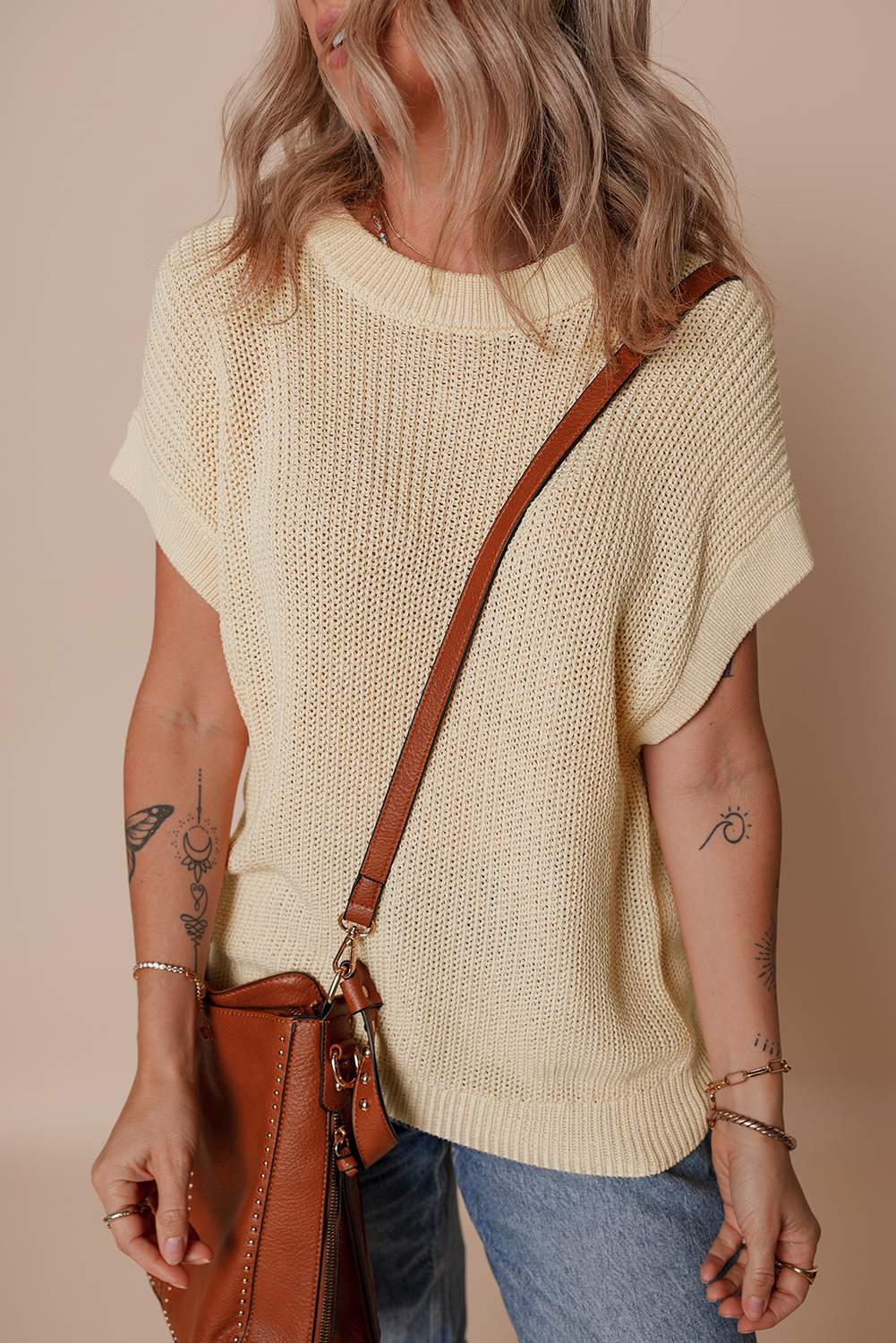 Oatmeal Solid Color Batwing Short Sleeve Round Neck Knit T Shirt - Image 5