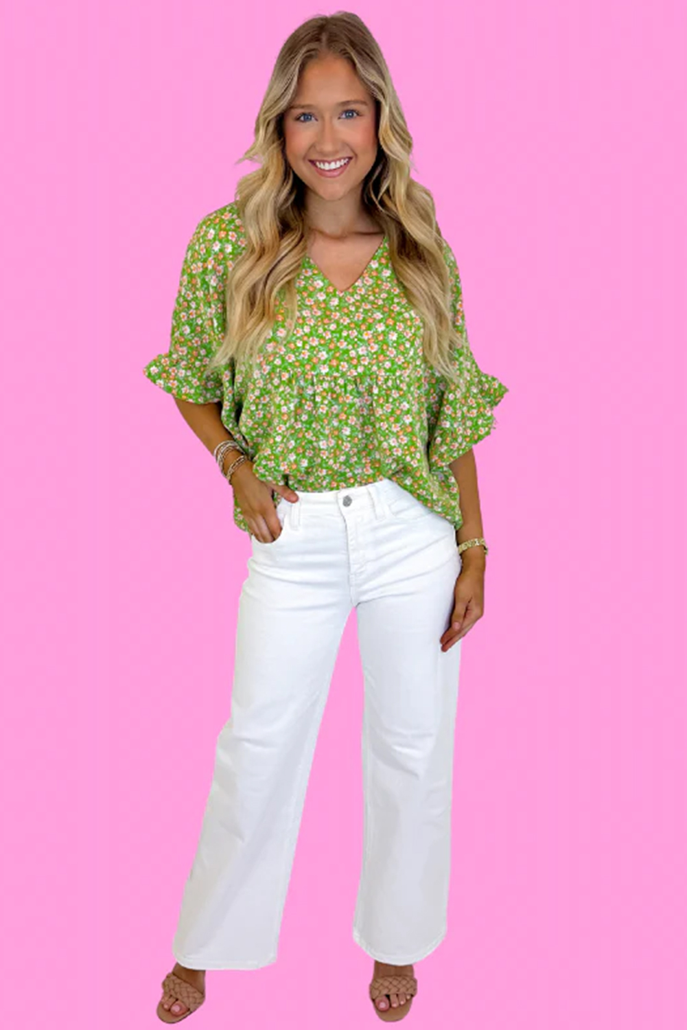 Green Floral Print Ruffle Sleeve V Neck Blouse Top - Image 4