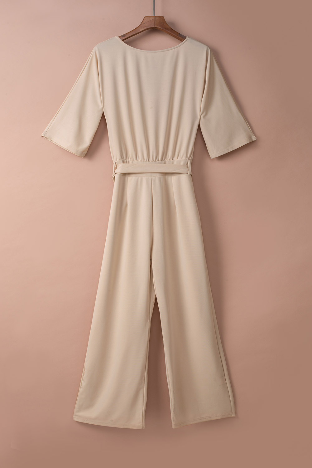 Apricot Bracelet Sleeve Waist Tie Wide Leg Jumpsuit - Image 7