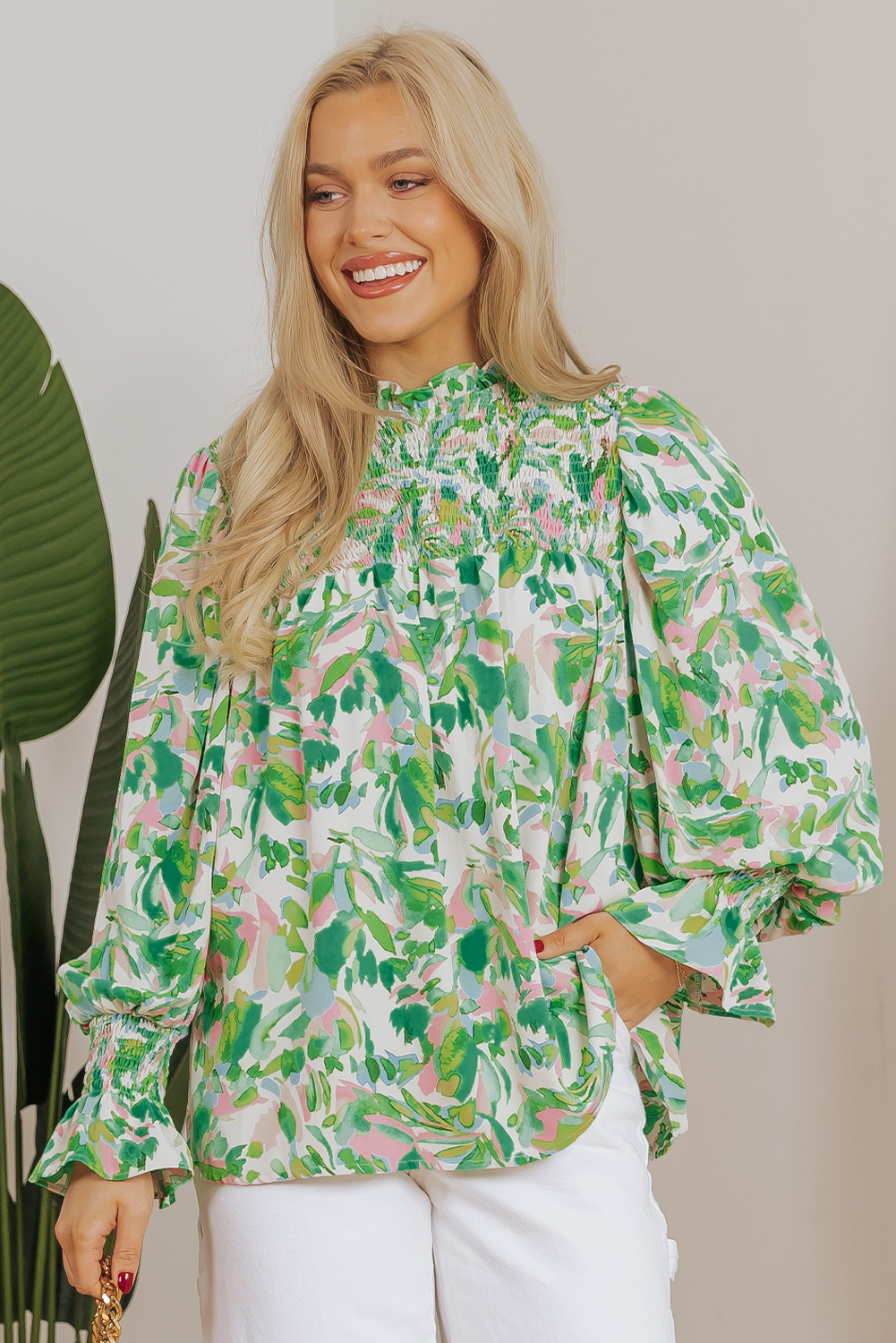 Green Leafy Printed Flounce Sleeve Shirred Mock Neck Blouse - Image 6