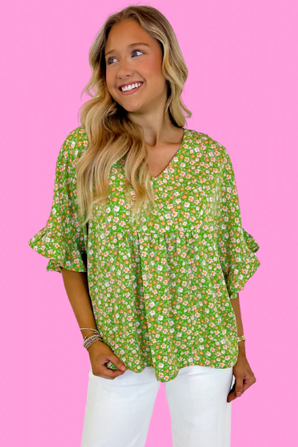 Green Floral Print Ruffle Sleeve V Neck Blouse Top - Image 2