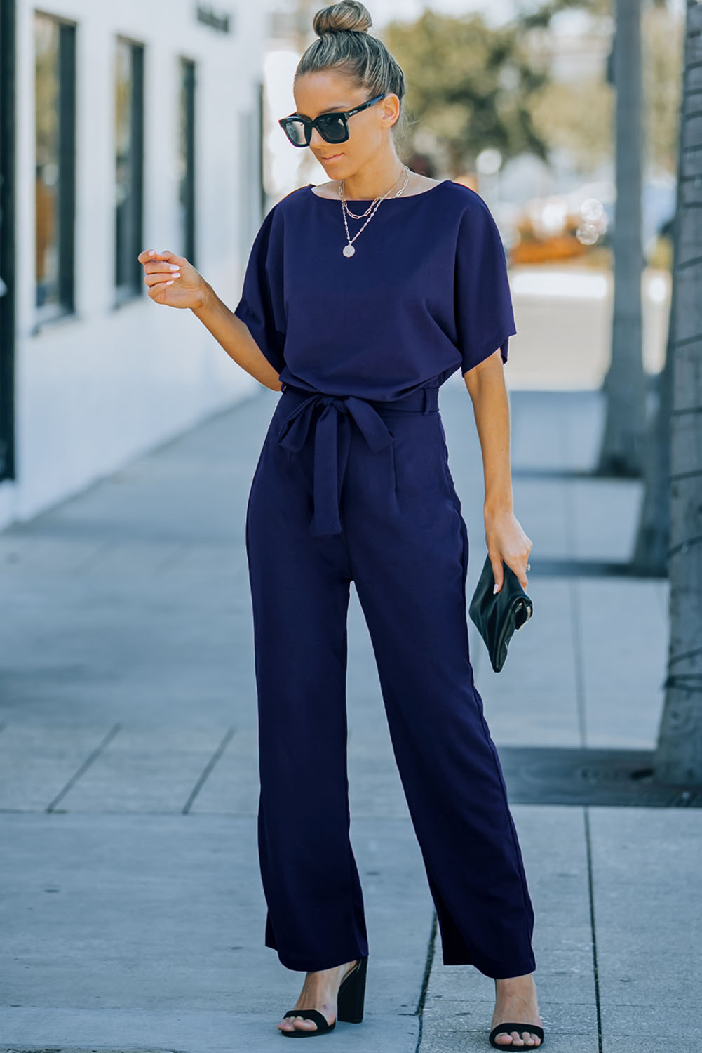 Blue Belted Wide Leg Jumpsuit - Image 4