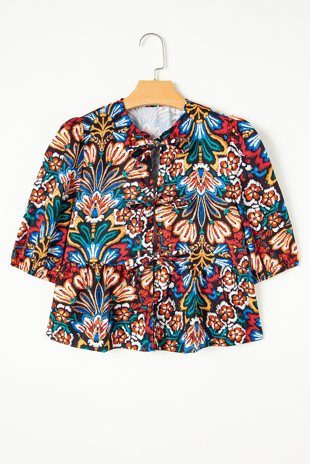 Black Tropical Print Bubble Sleeve Knot Front Blouse - Image 6