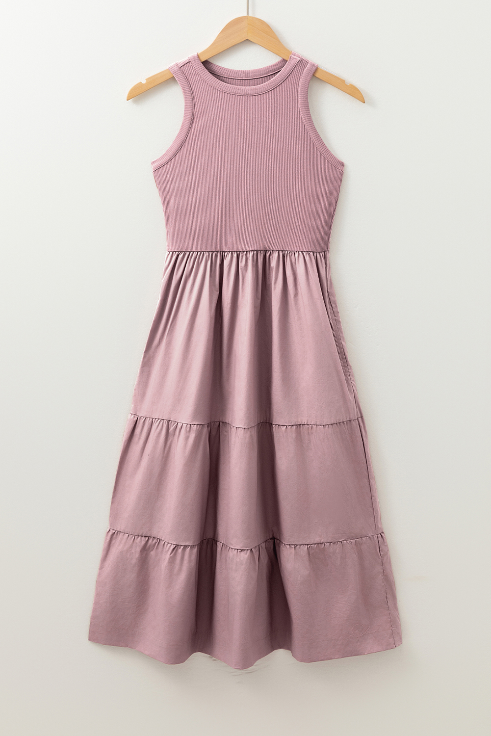 Sepia Rose Ribbed Vest Patchwork Tiered Midi Dress with Pockets - Image 5