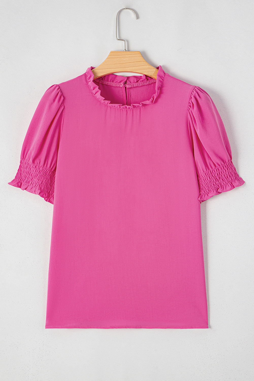 Rose Solid Color Smocked Puff Sleeve Blouse - Image 7
