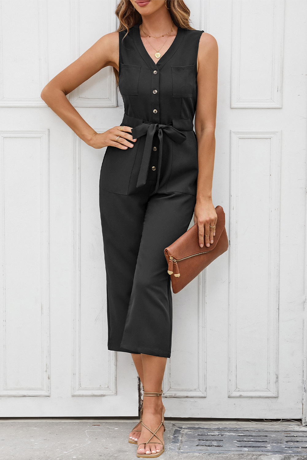 Black Buttoned Sleeveless Cropped Jumpsuit with Sash - Image 6