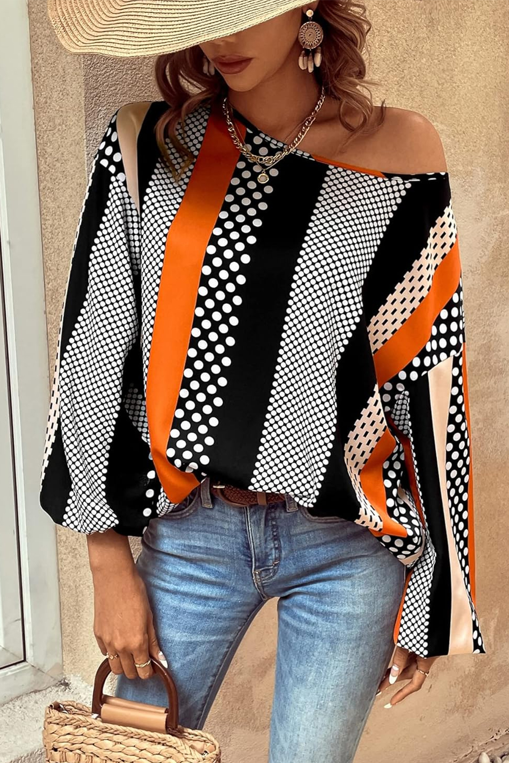Orange Polka Dot Vertical Striped Printed Puff Sleeve Blouse - Image 6