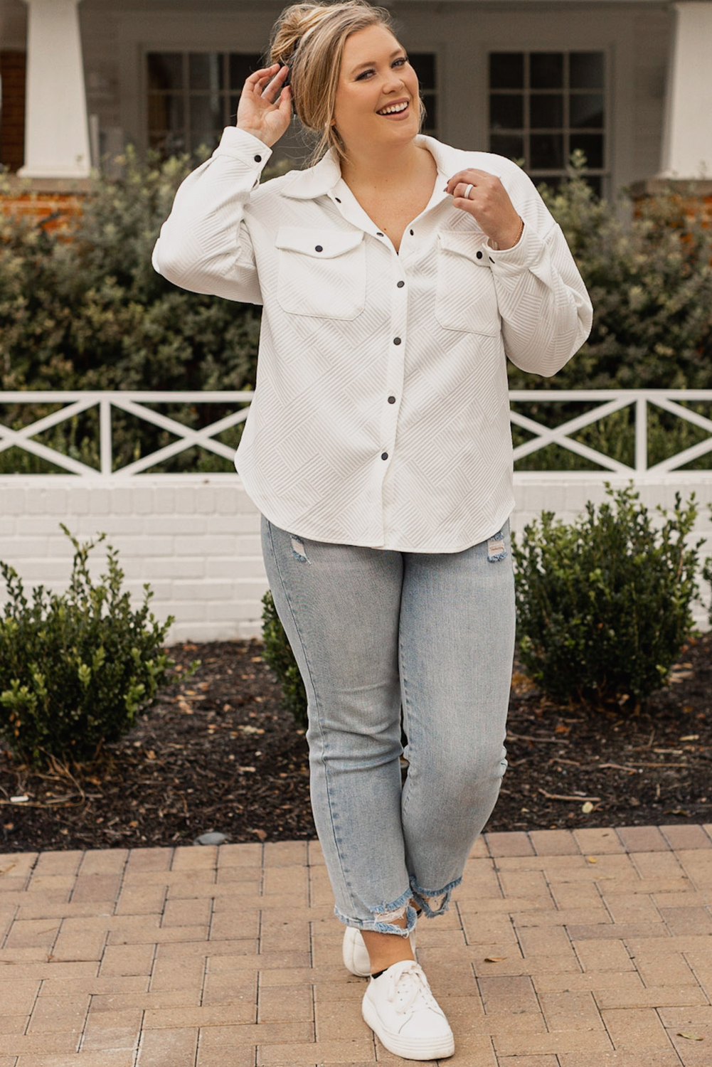 Beige Plus Size Textured Flap Pockets Jacket - Image 6