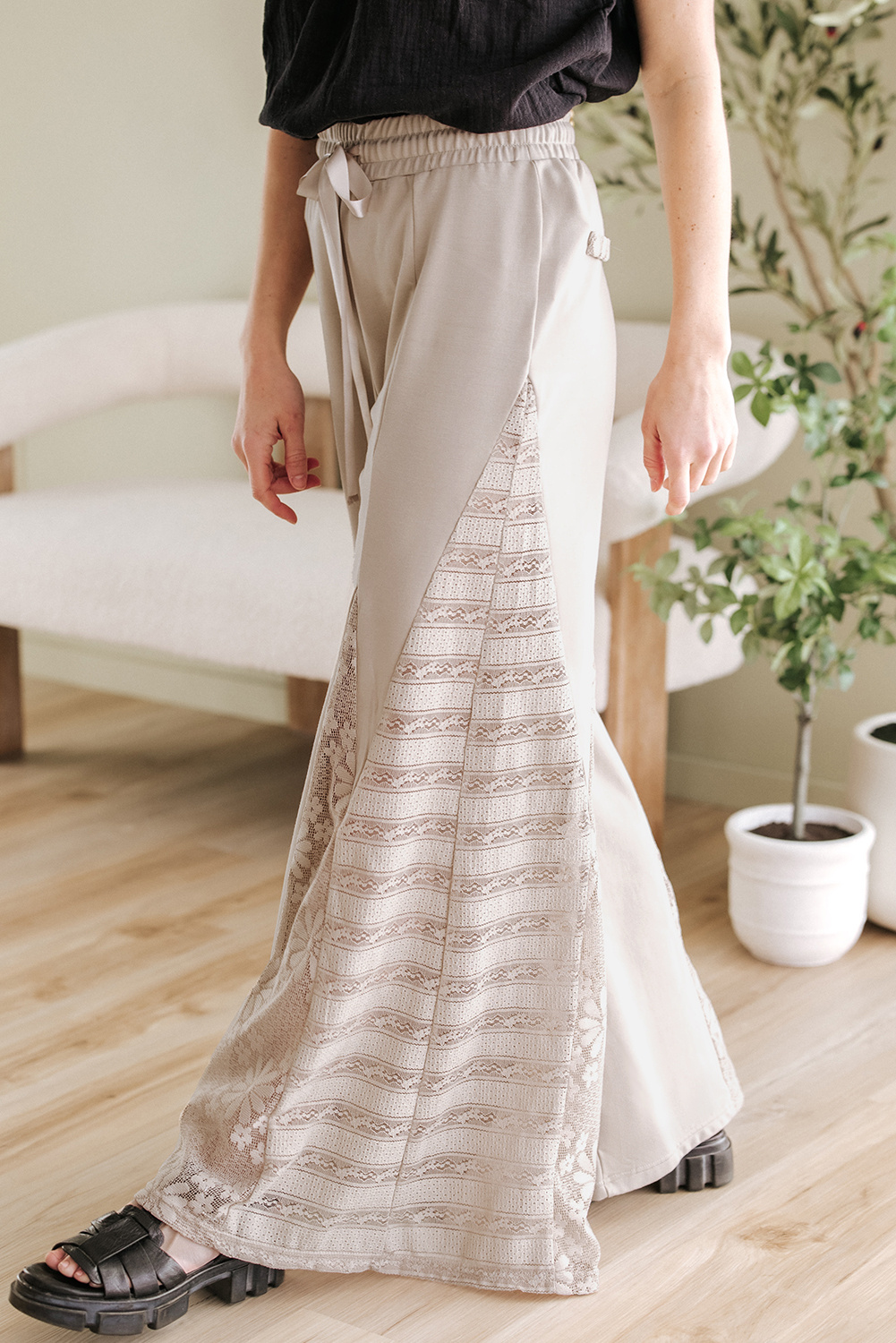 Smoke Gray Boho Lace Patchwork Wide Leg High Waist Pants - Image 7