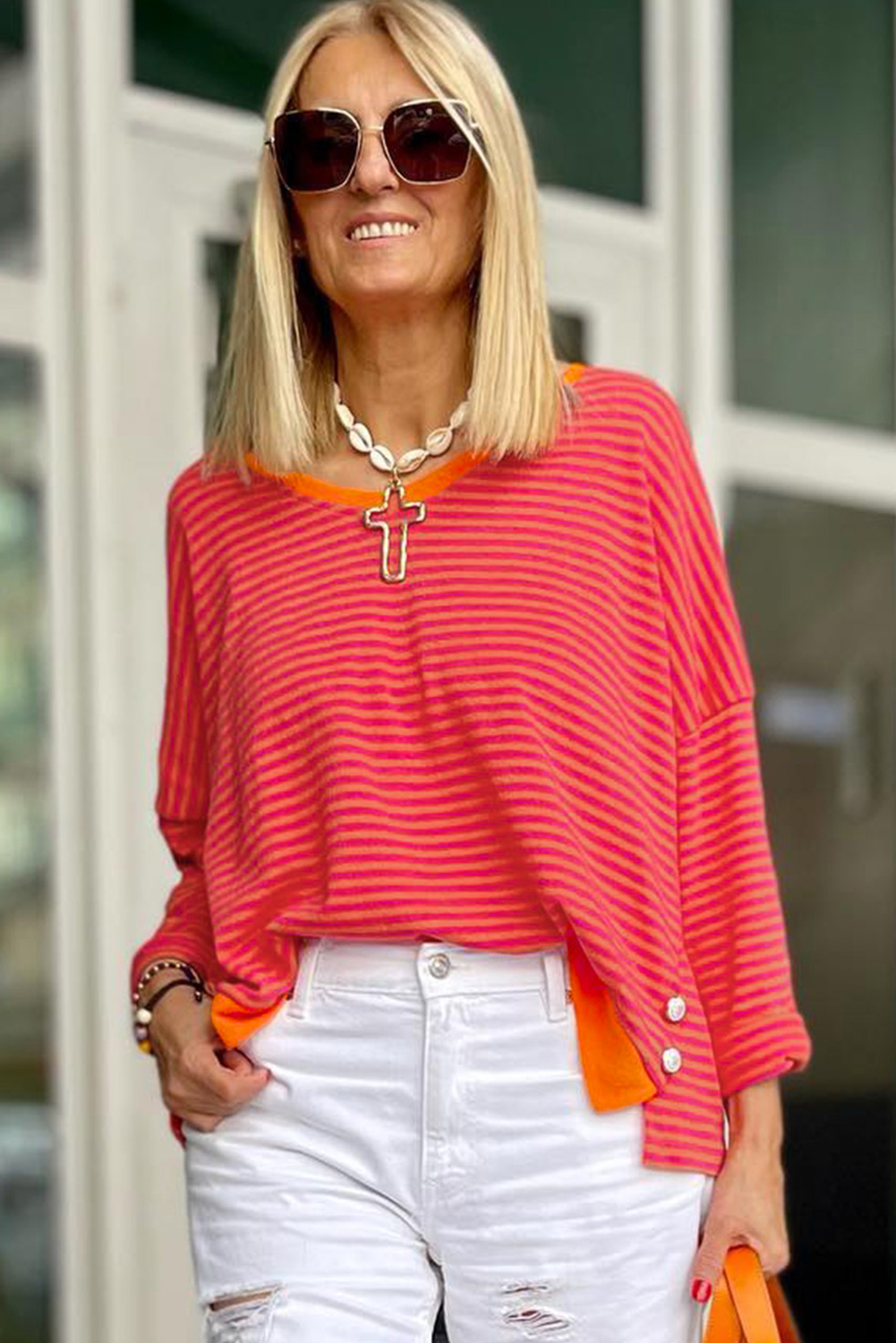 Tomato Red Two Tone Striped Side Buttons Drop Shoulder Top - Image 8