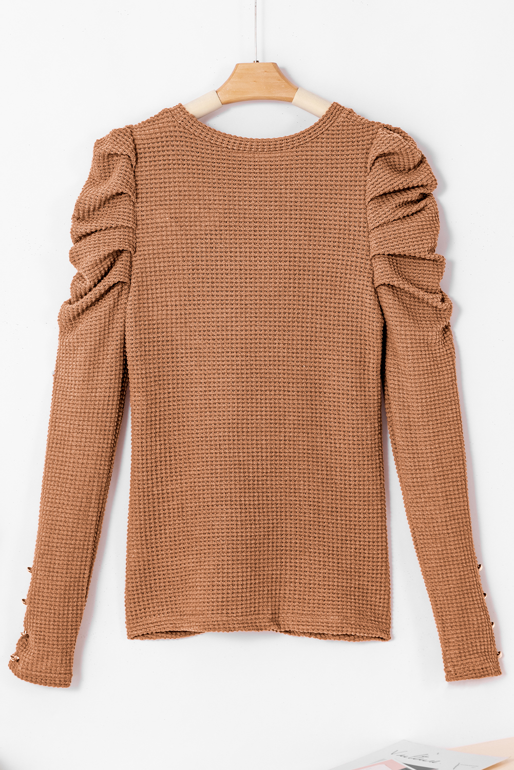 Chestnut Solid Color Textured Buttoned Gigot Sleeve Top - Image 7