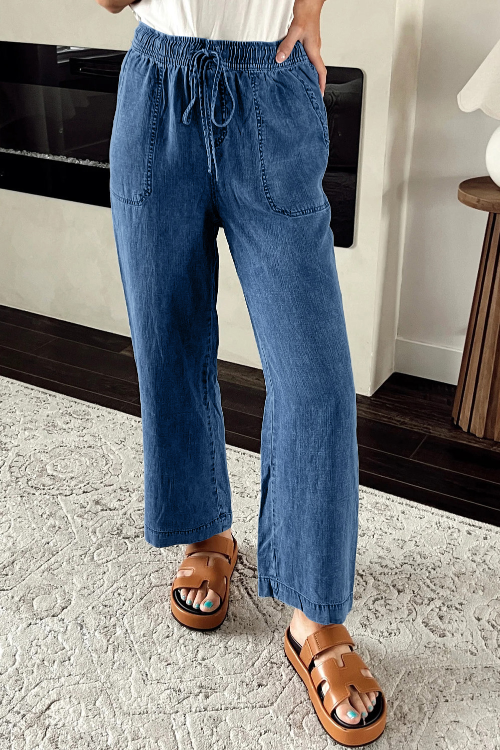 Sail Blue Mineral Wash Drawstring Waist Loose Straight Denim Pants - Image 3