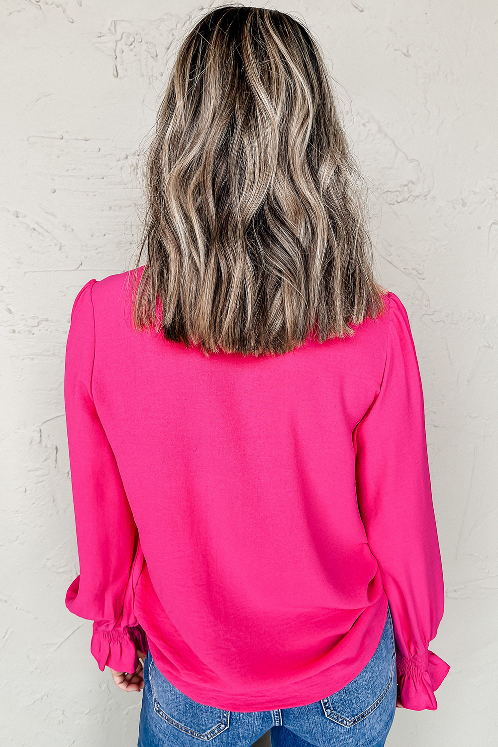 Rose Red Solid Color Shirred Cuff Notch V Neck Blouse - Image 2