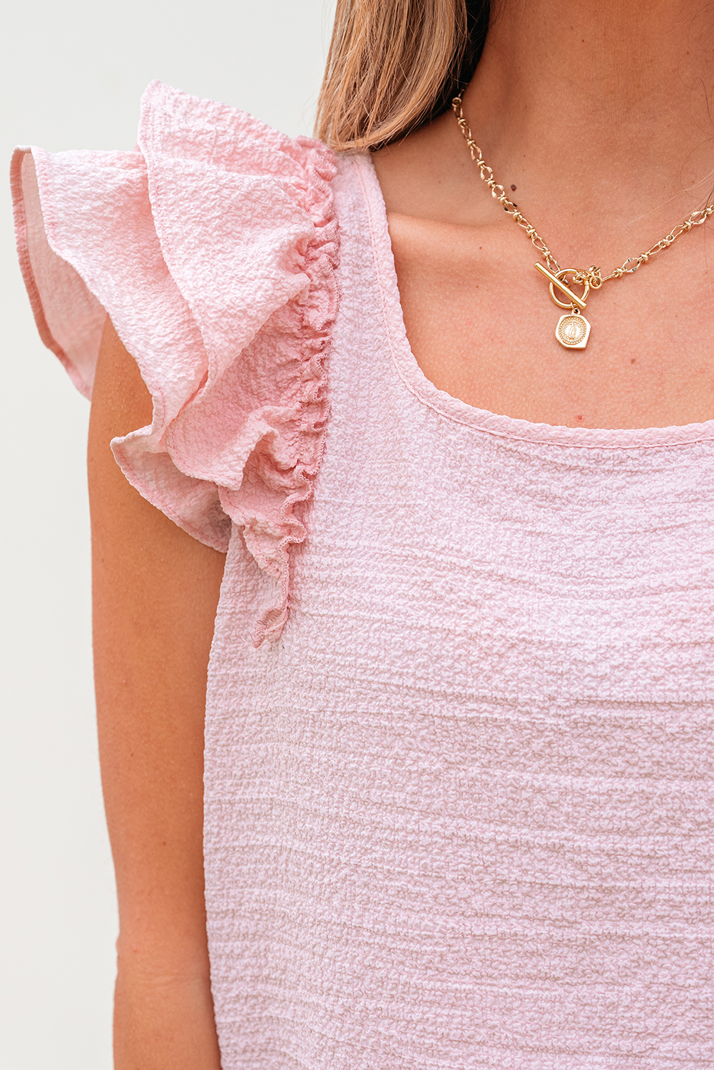 Gossamer Pink Textured Bow Knot Frilled Butterfly Sleeve Blouse - Image 15