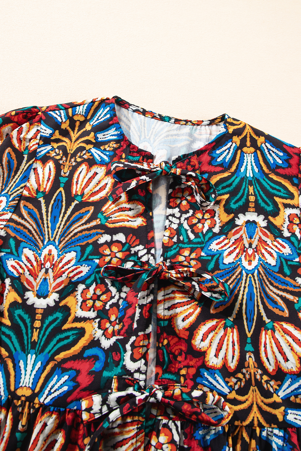 Black Tropical Print Bubble Sleeve Knot Front Blouse - Image 8