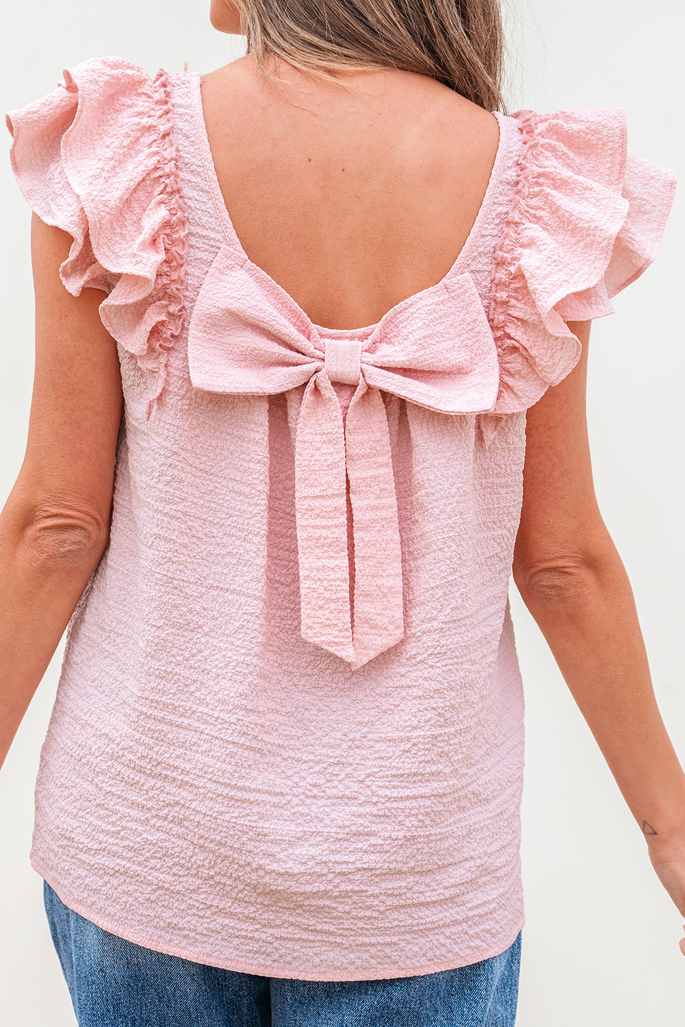 Gossamer Pink Textured Bow Knot Frilled Butterfly Sleeve Blouse - Image 9