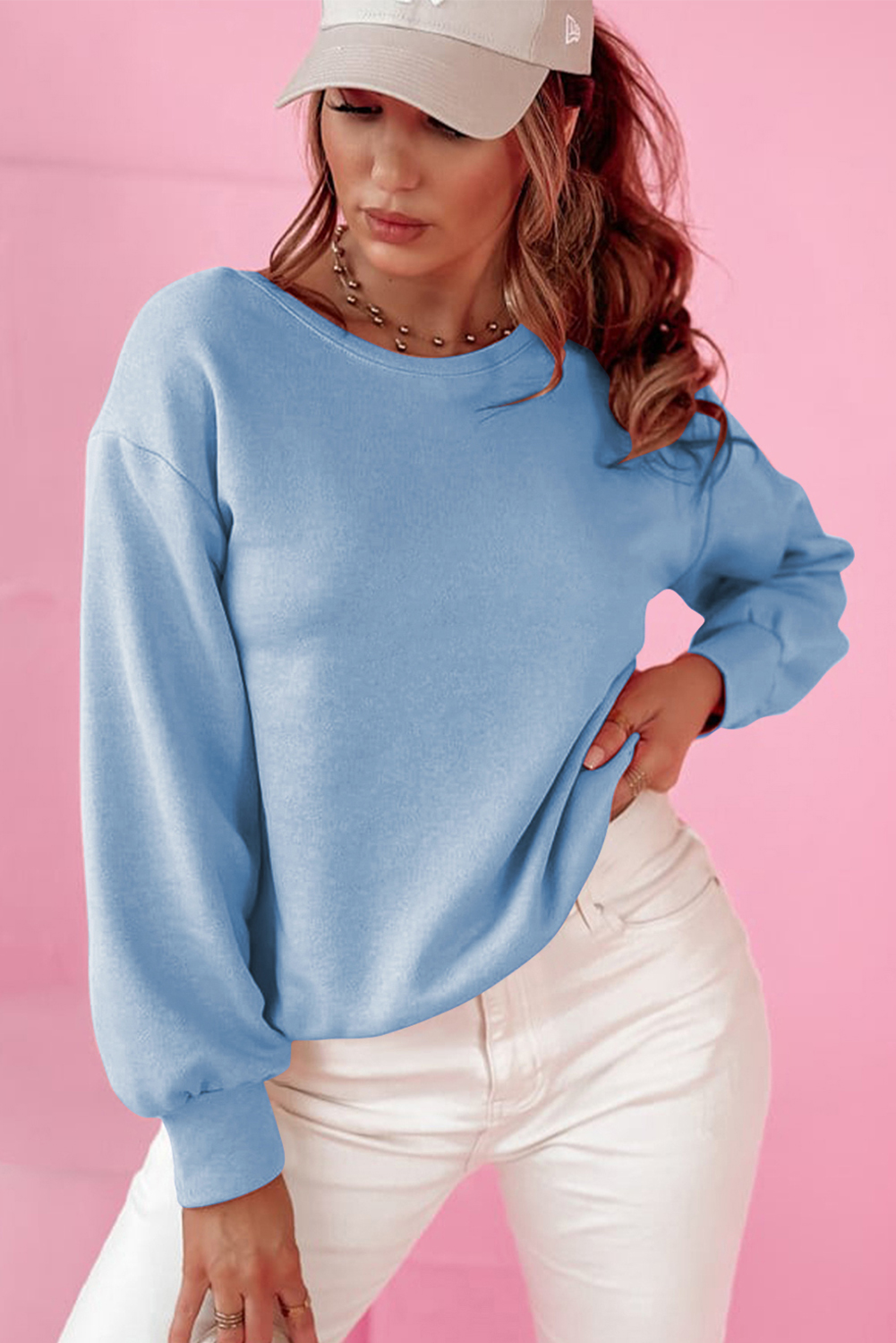 Sky Blue Bowknot Dewback Round Neck Sweatshirt - Image 3