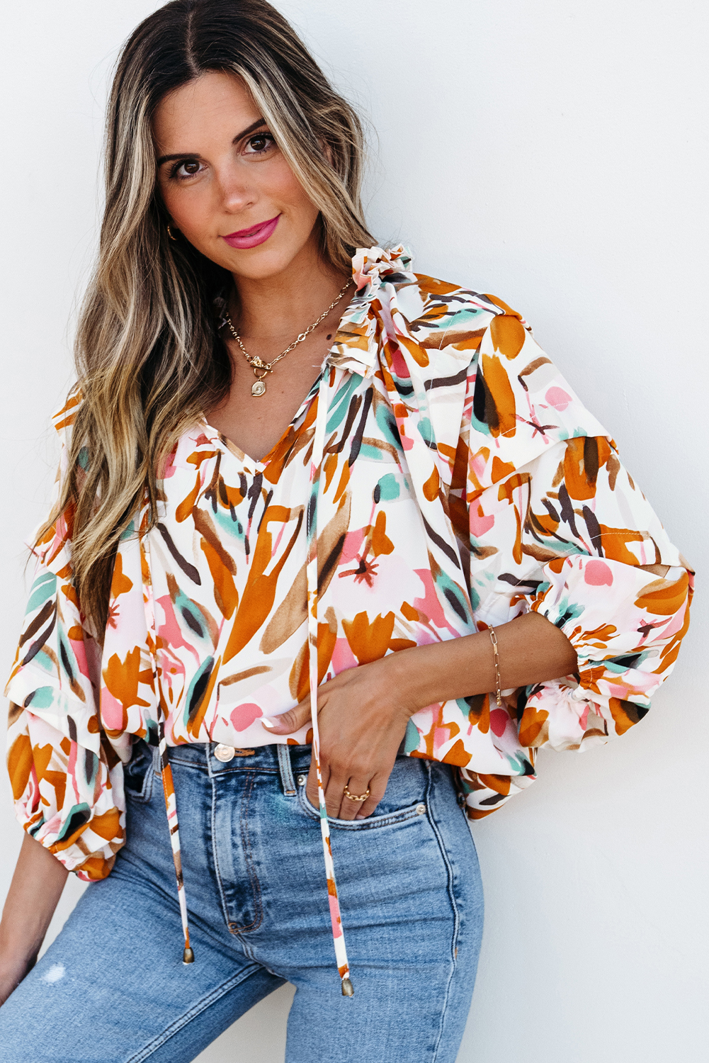 Yellow Abstract Print Drawstring Frilled V Neck 3/4 Sleeve Blouse - Image 3