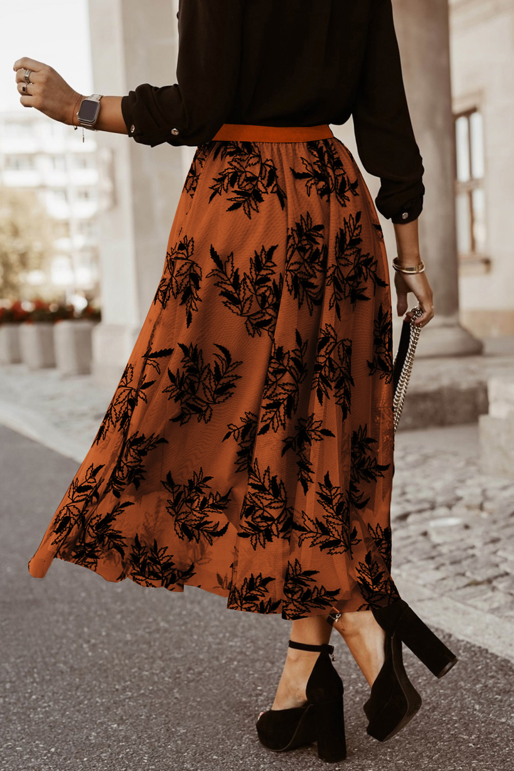 Gold Flame Floral Leaves Embroidered High Waist Maxi Skirt - Image 2