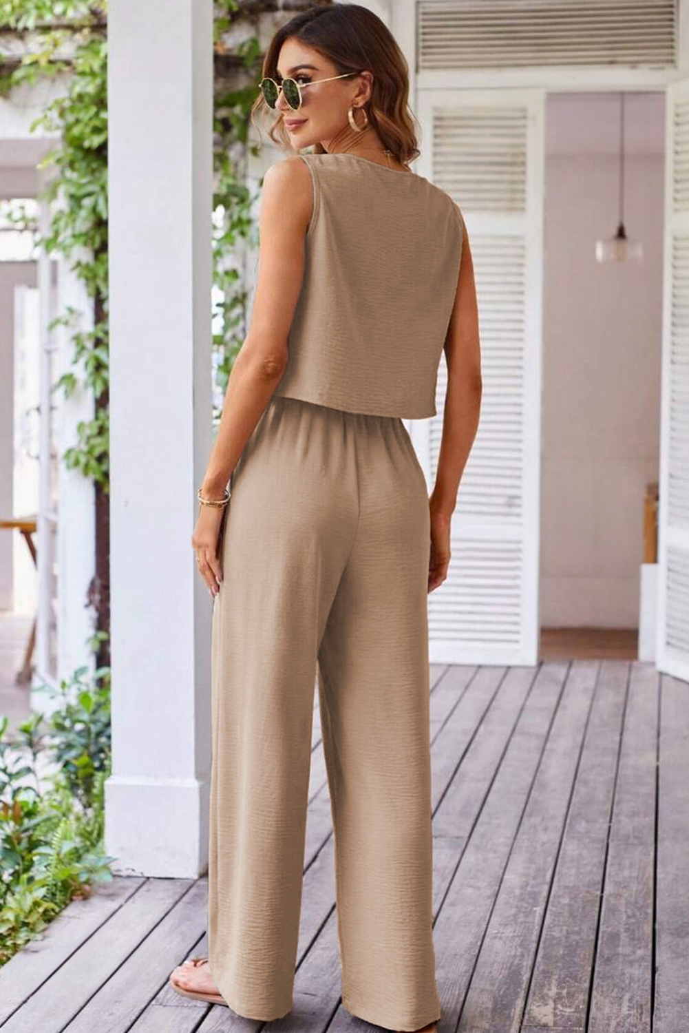 Goat Buttoned Vest Drawstring Wide Leg Pants 2pcs Set - Image 2