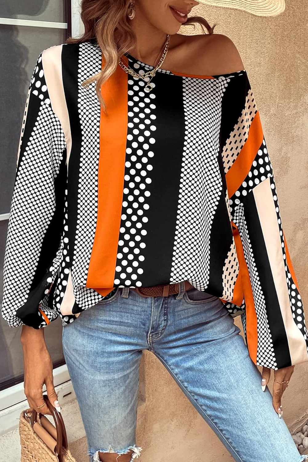 Orange Polka Dot Vertical Striped Printed Puff Sleeve Blouse - Image 5