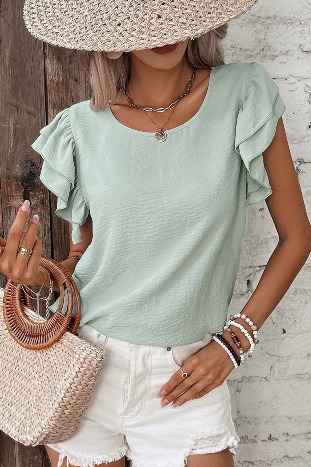 Clearly Aqua Solid Color Ruffled Short Sleeve Casual Blouse - Image 7