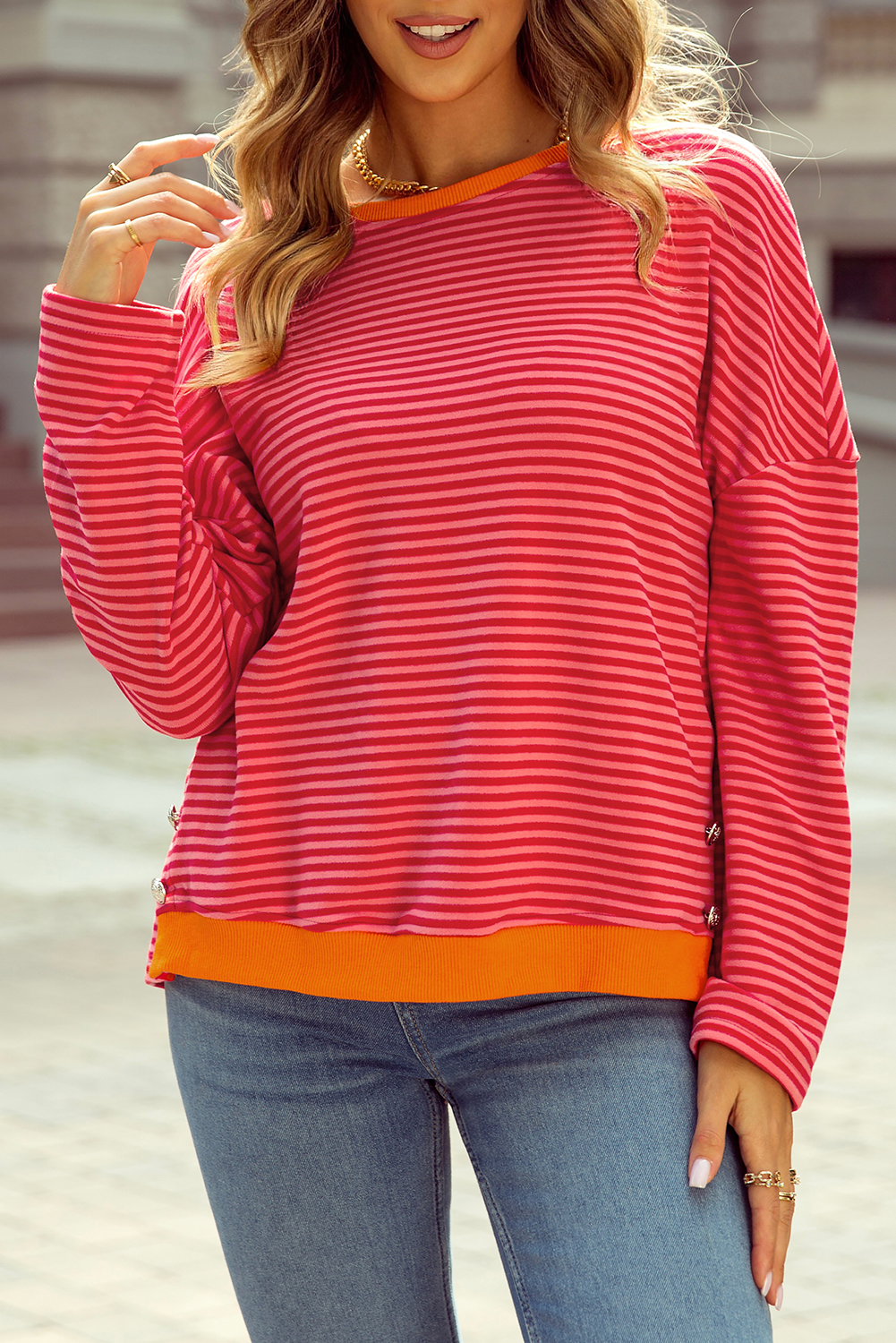 Tomato Red Two Tone Striped Side Buttons Drop Shoulder Top - Image 6