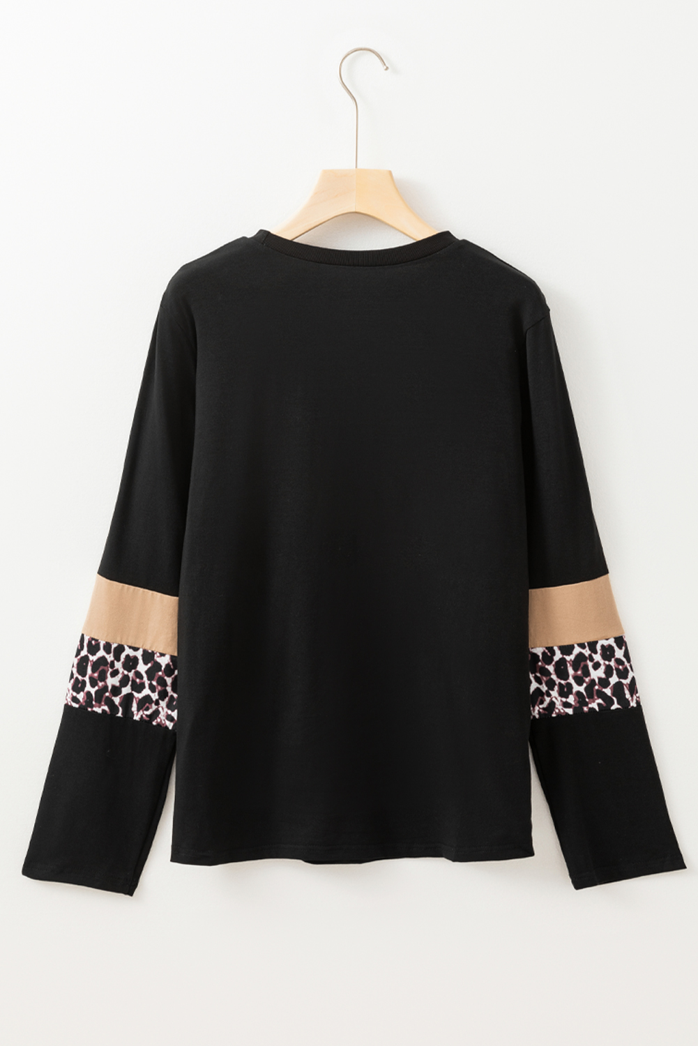 Khaki Leopard Colorblock Patchwork Crew Neck Long Sleeve Tee - Image 4