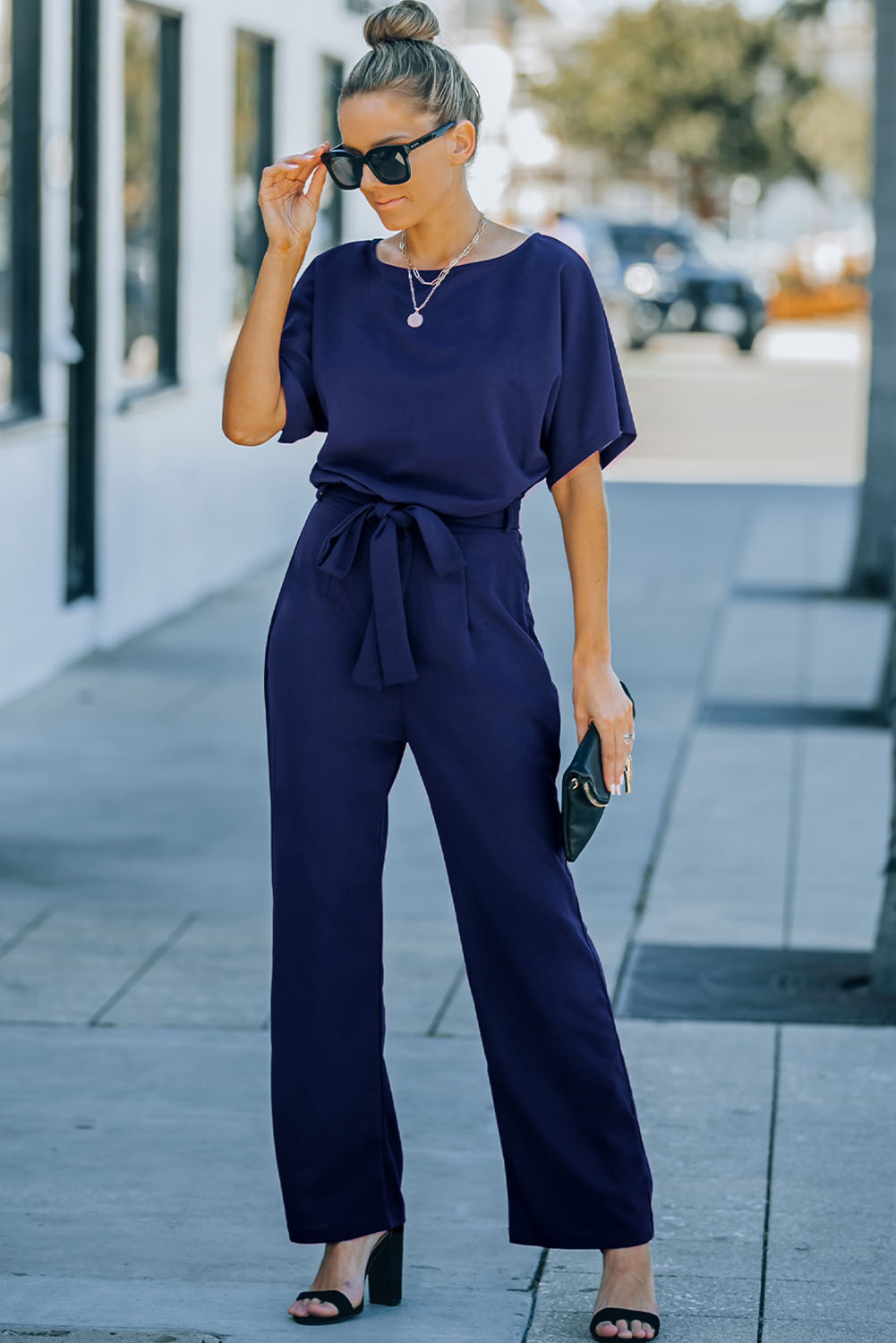 Blue Belted Wide Leg Jumpsuit - Image 3