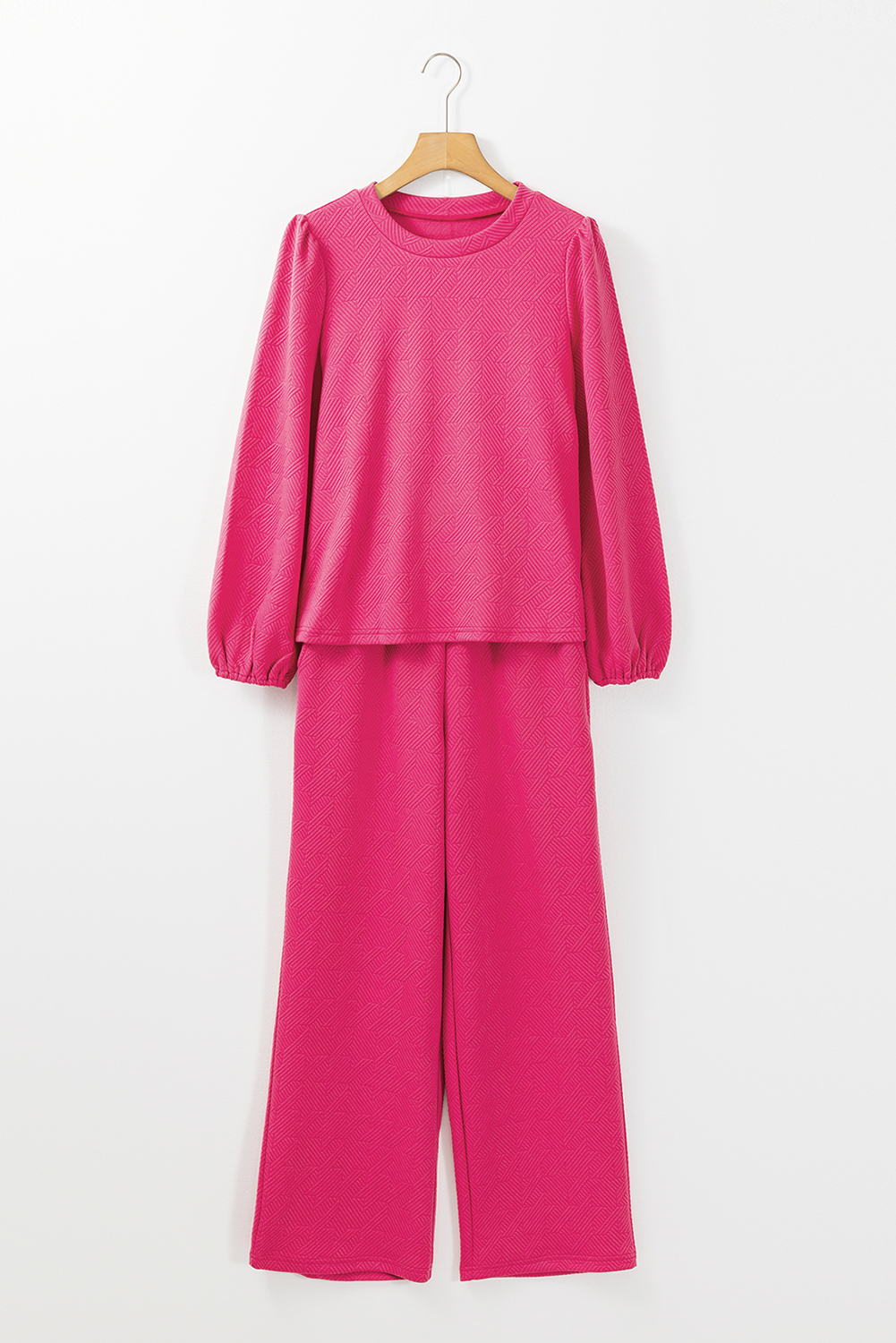 Rose Red Textured Puff Sleeve Top and Pants Set - Image 4