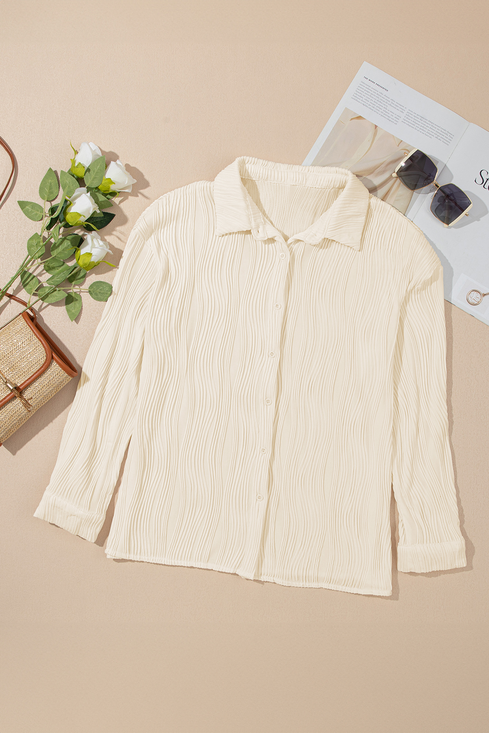 Apricot Solid Textured Buttoned Turn Down Collar Shirt - Image 5
