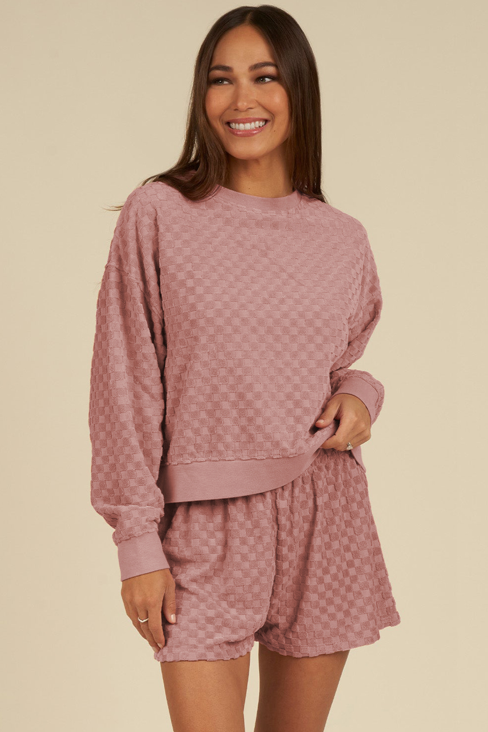 Blossom Checkered Textured Long Sleeve Top and Shorts Set - Image 4