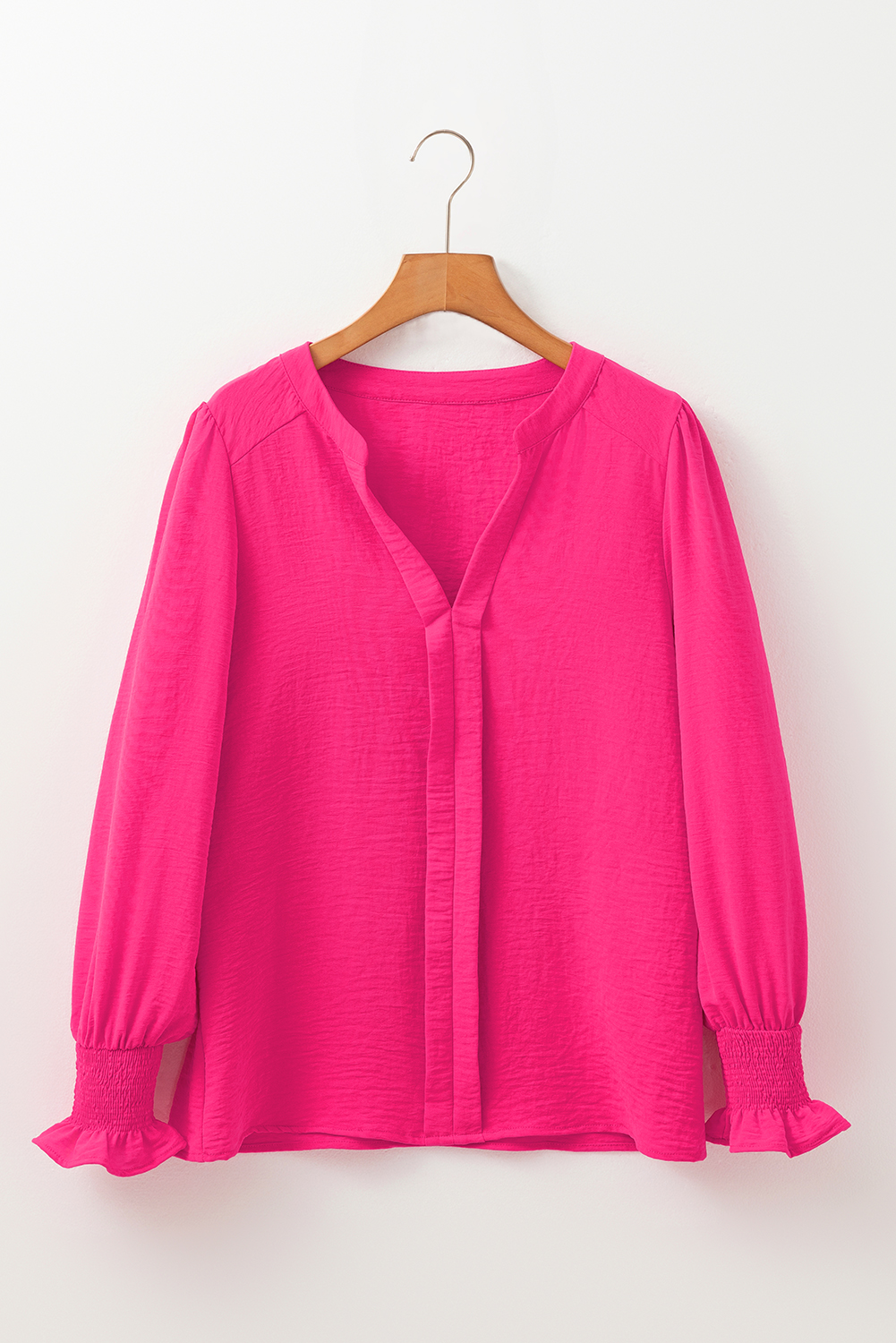 Rose Red Solid Color Shirred Cuff Notch V Neck Blouse - Image 6