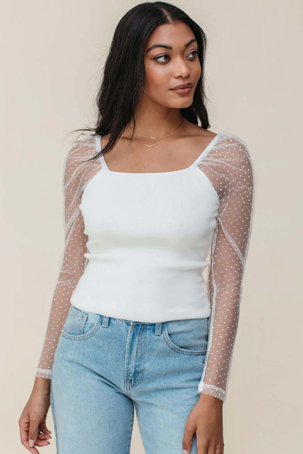 White Swiss Dot Mesh Long Sleeve Square Neck Slim Top - Image 4