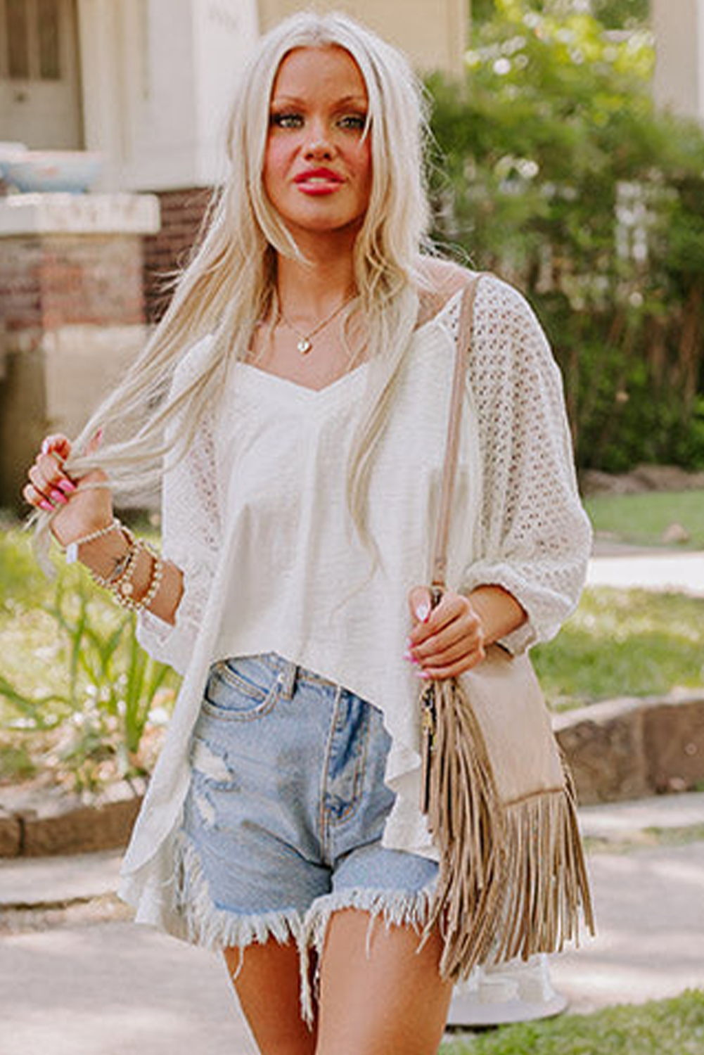 White Eyelet Patchwork High Low Hem V Neck Oversized Top - Image 4
