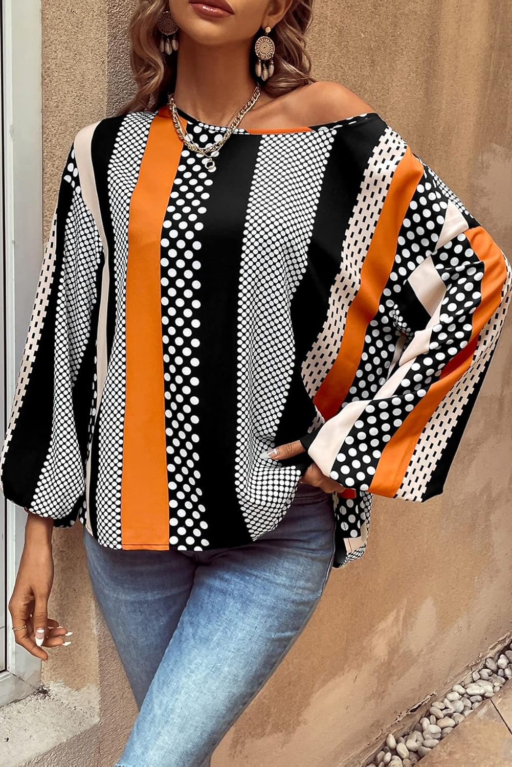 Orange Polka Dot Vertical Striped Printed Puff Sleeve Blouse - Image 4