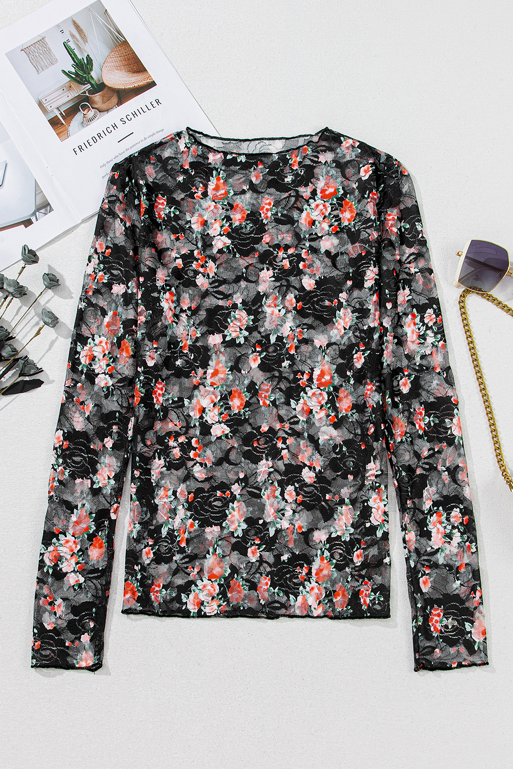 Black Floral Mesh Sheer Long Sleeve Top - Image 6