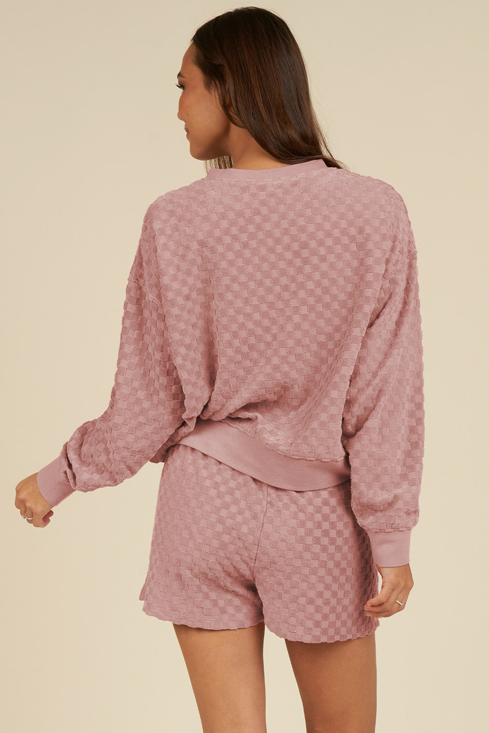 Blossom Checkered Textured Long Sleeve Top and Shorts Set - Image 2
