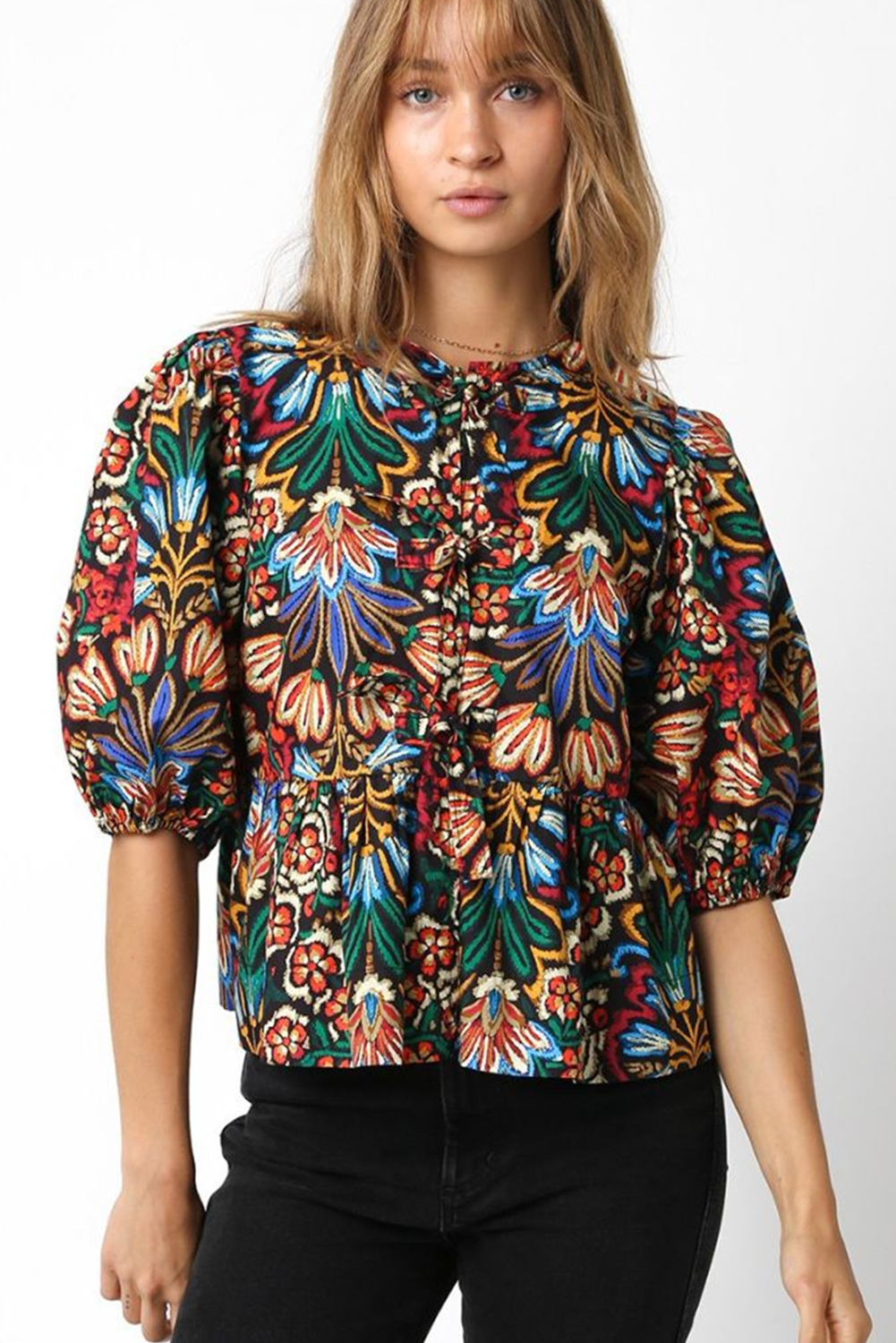 Black Tropical Print Bubble Sleeve Knot Front Blouse - Image 4