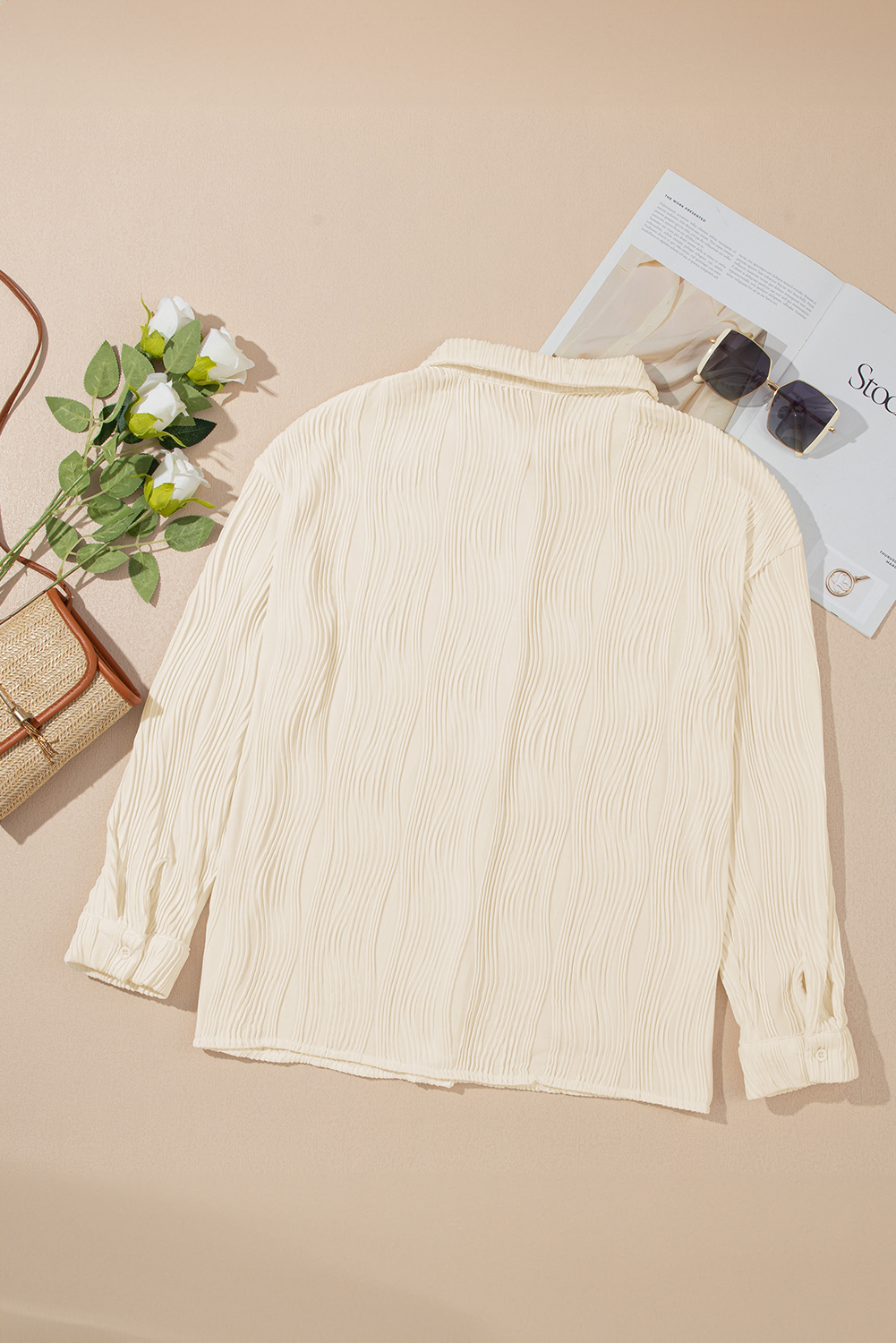 Apricot Solid Textured Buttoned Turn Down Collar Shirt - Image 6