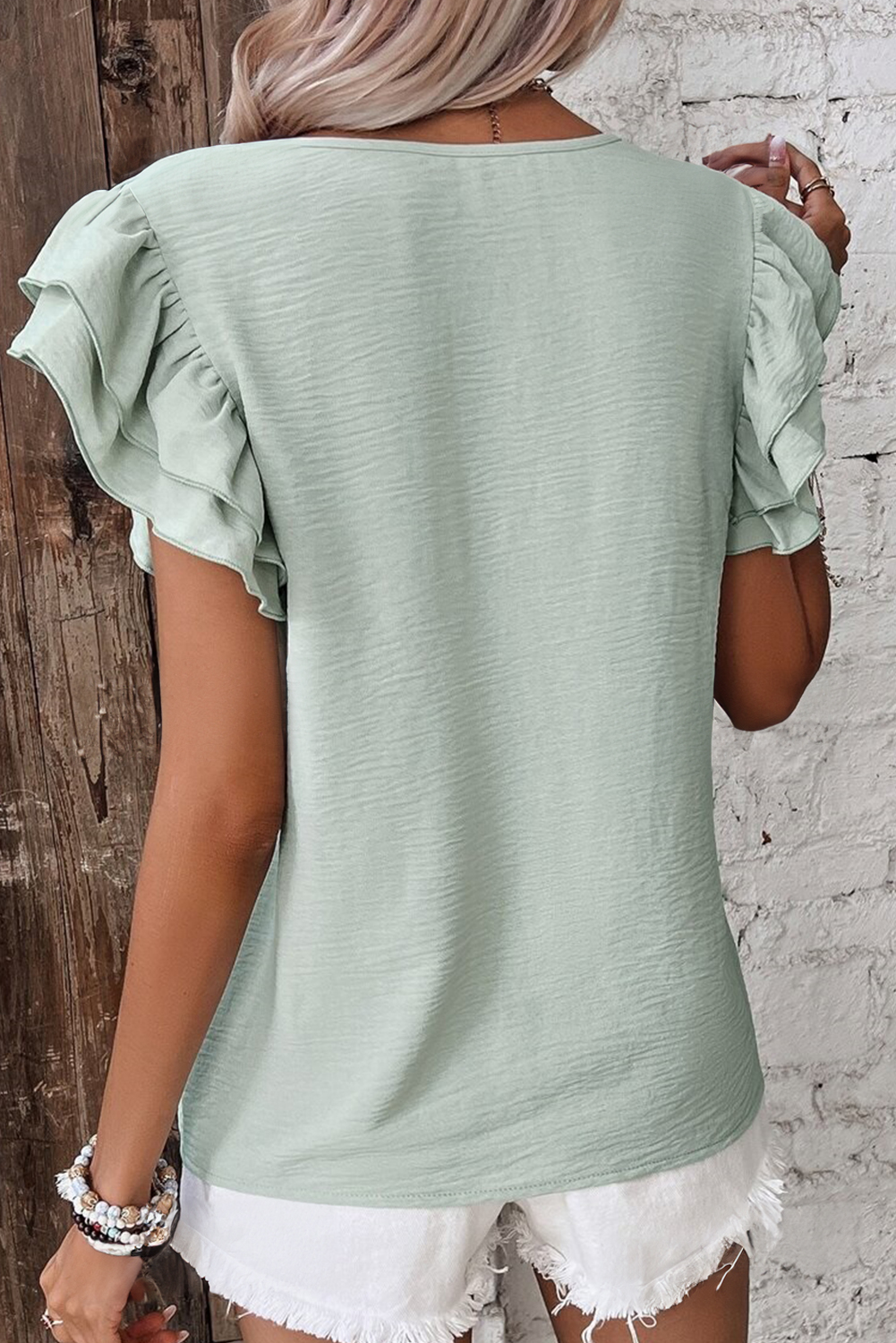Clearly Aqua Solid Color Ruffled Short Sleeve Casual Blouse - Image 2
