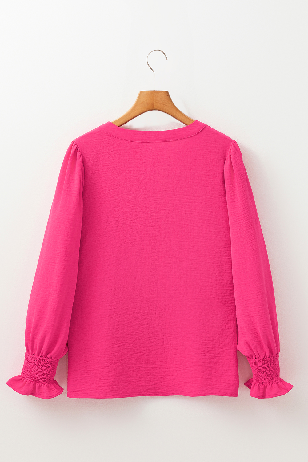 Rose Red Solid Color Shirred Cuff Notch V Neck Blouse - Image 7