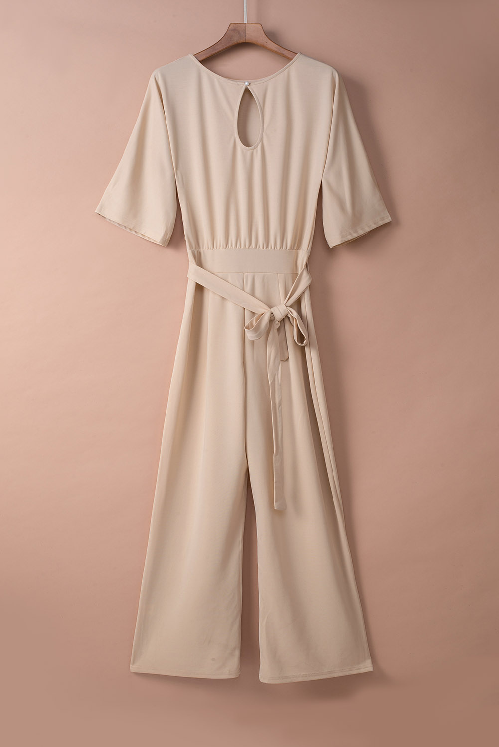 Apricot Bracelet Sleeve Waist Tie Wide Leg Jumpsuit - Image 6
