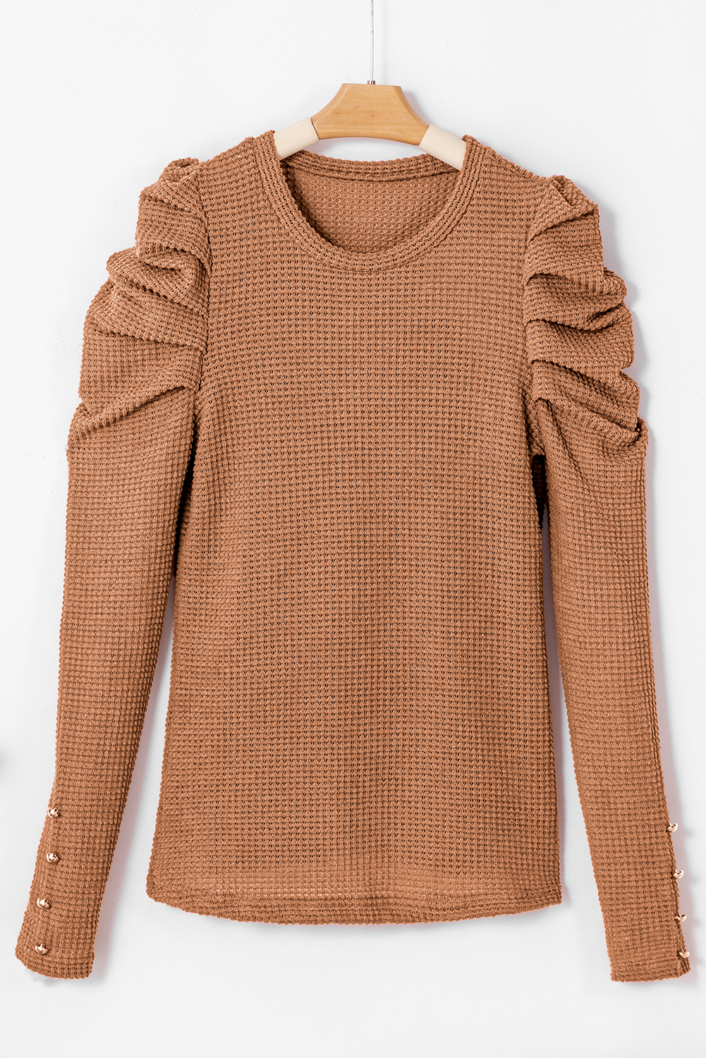 Chestnut Solid Color Textured Buttoned Gigot Sleeve Top - Image 6