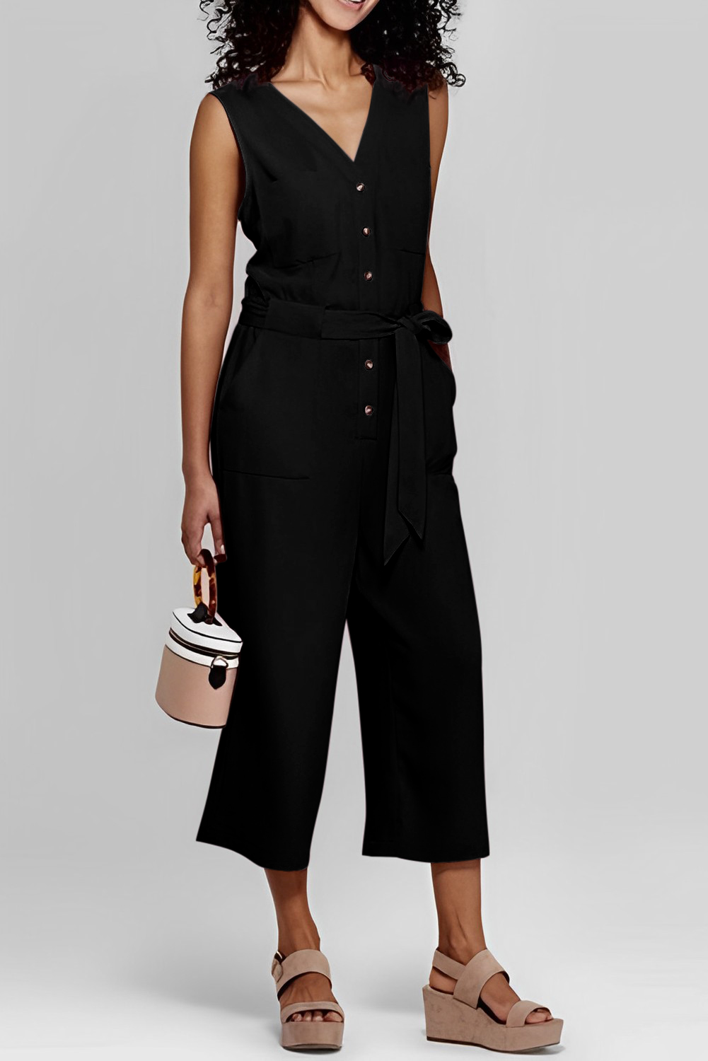 Black Buttoned Sleeveless Cropped Jumpsuit with Sash - Image 7