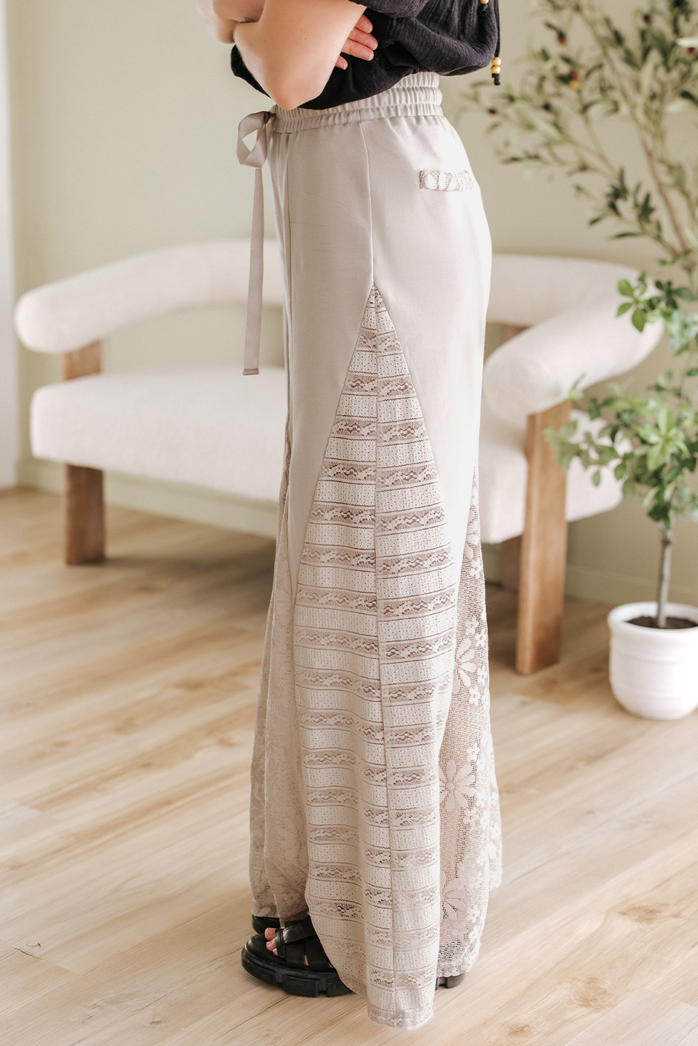 Smoke Gray Boho Lace Patchwork Wide Leg High Waist Pants - Image 3