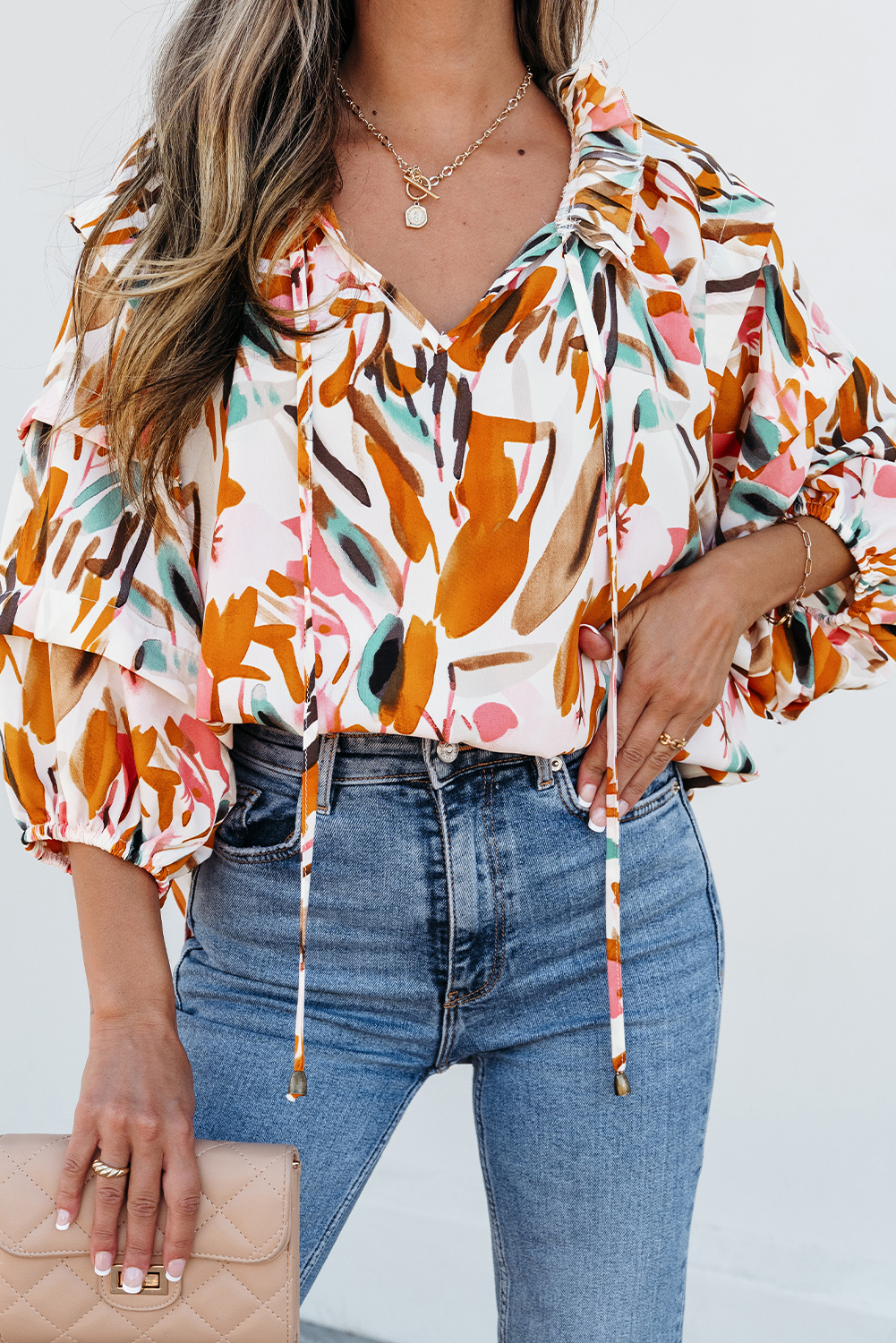 Yellow Abstract Print Drawstring Frilled V Neck 3/4 Sleeve Blouse - Image 7